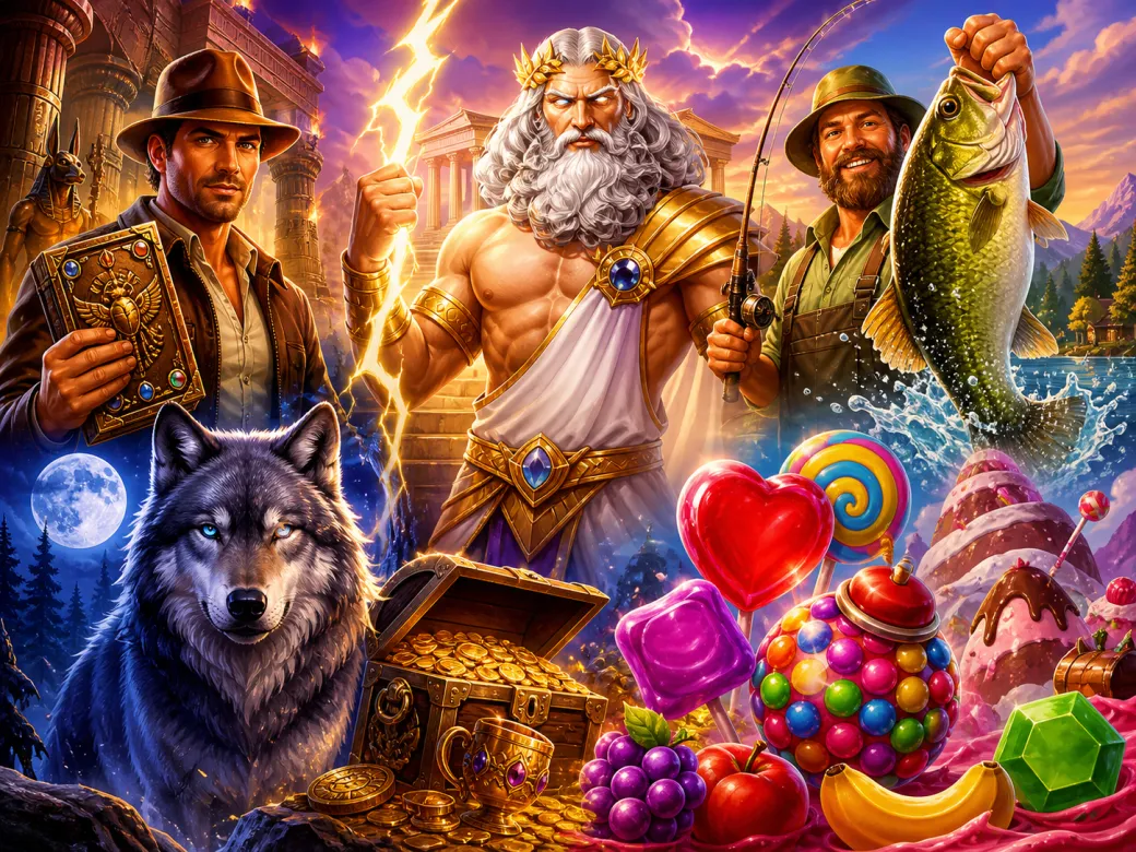 An artistic composition featuring vibrant slot game characters and worlds, including mythical creatures and treasure-laden la