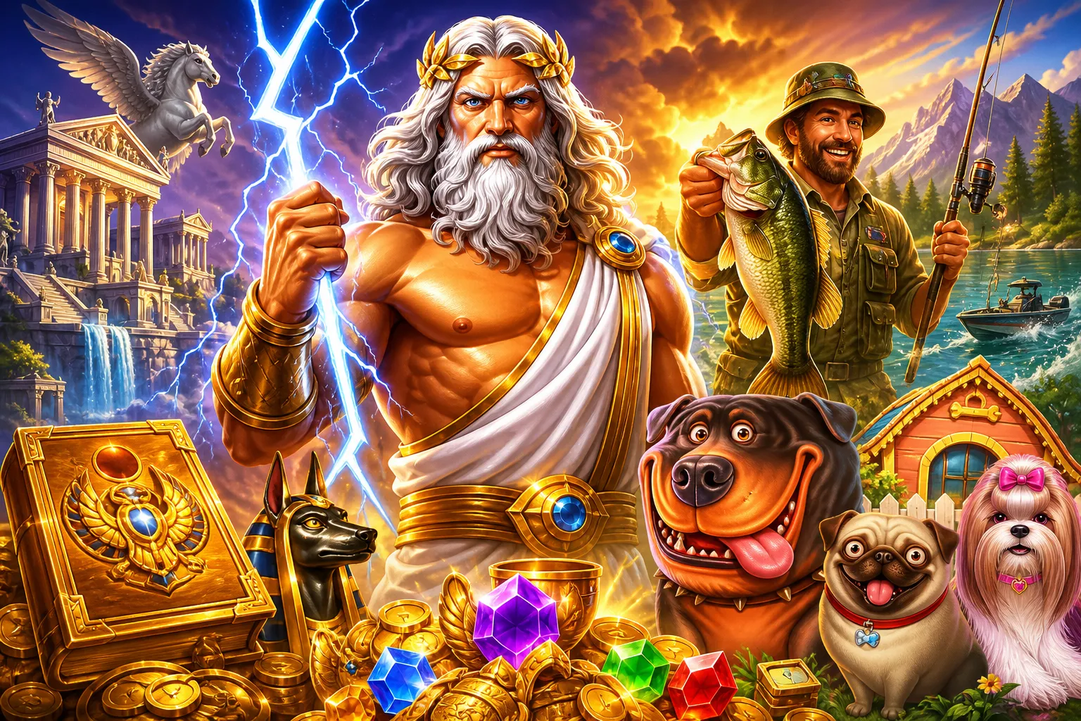 Cinematic slot game scene featuring mythological heroes, vibrant landscapes, and mystical elements.
